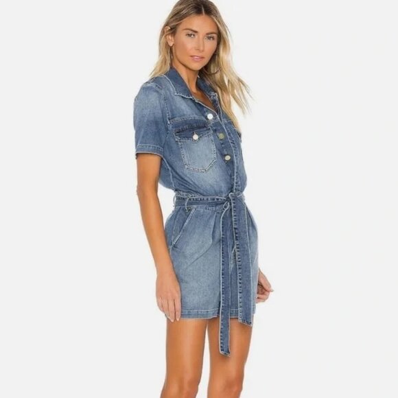 Frame Pleated Coverall Short Romper Button Front Playsuit Stretch Denim Maxson M - Picture 1 of 12